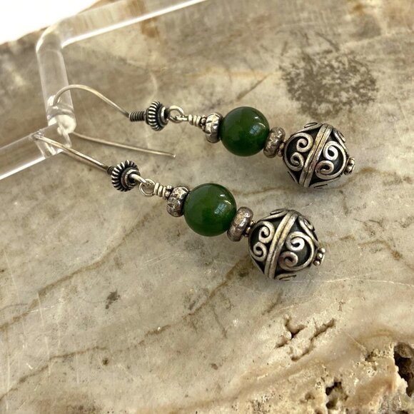 Sterling Silver 925 Round Beaded Nephrite Oxidized Scrollwork Dangle Earrings - Picture 6 of 16